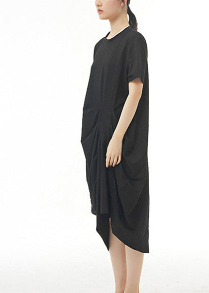 Black Wrinkled Cotton Long Dress Short Sleeve