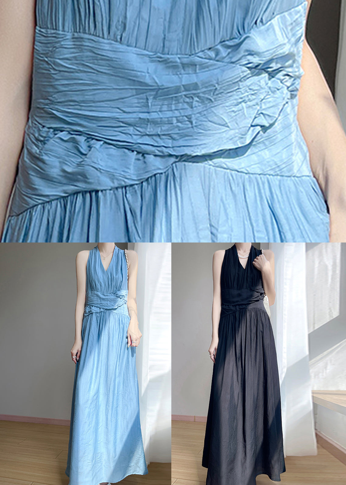 Black Wrinkled Cotton Maxi Dresses V Neck Summer