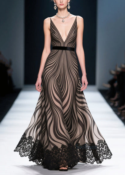 Black Zebra Pattern Chiffon Party Dresses Exra Large Hem Summer