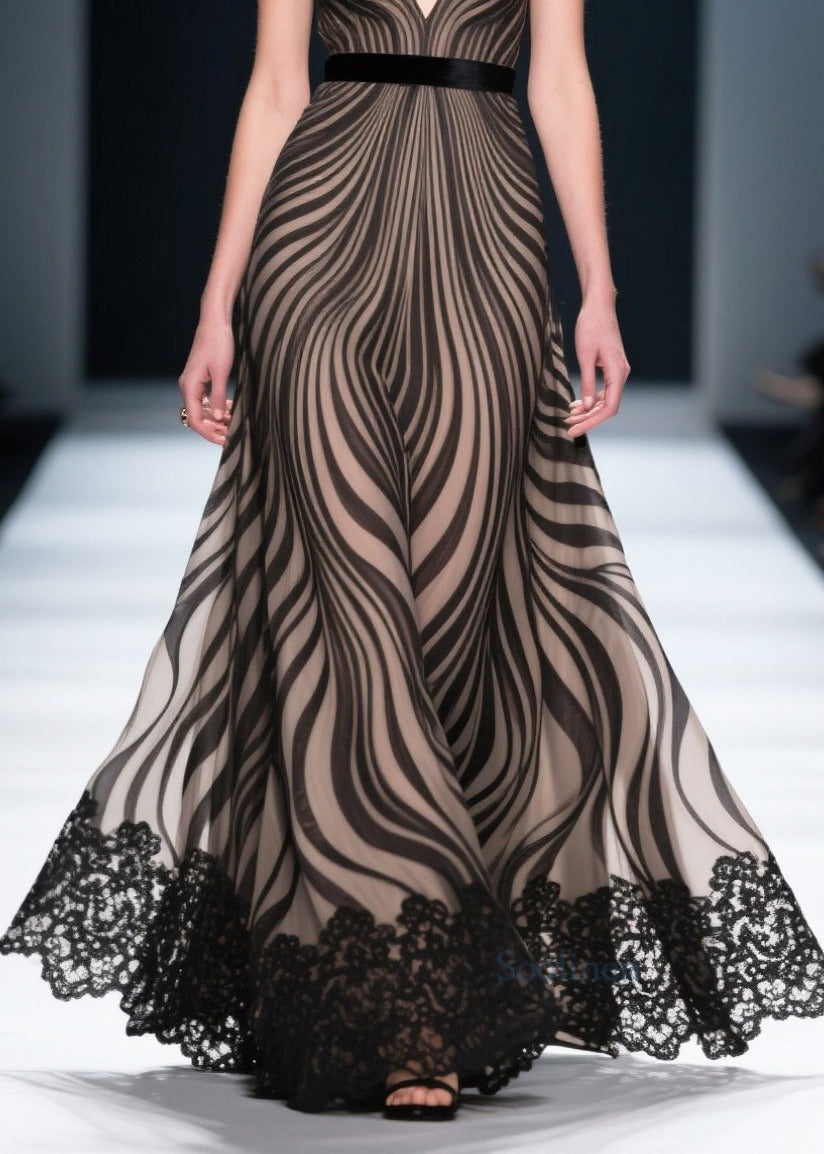 Black Zebra Pattern Chiffon Party Dresses Exra Large Hem Summer