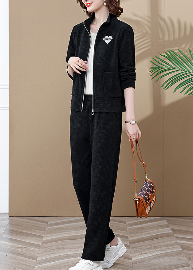 Black Zip Up Coats and Wide Leg Pants Two Piece Set Long Sleeve