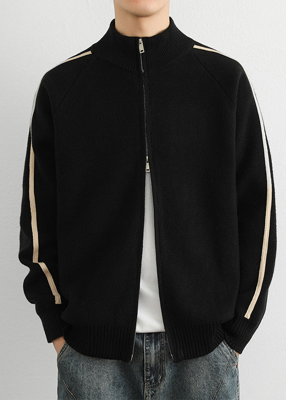 Black Zip Up Cozy Knit Sweater Tops Stand Collar
