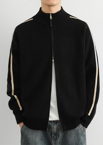 Black Zip Up Cozy Knit Sweater Tops Stand Collar