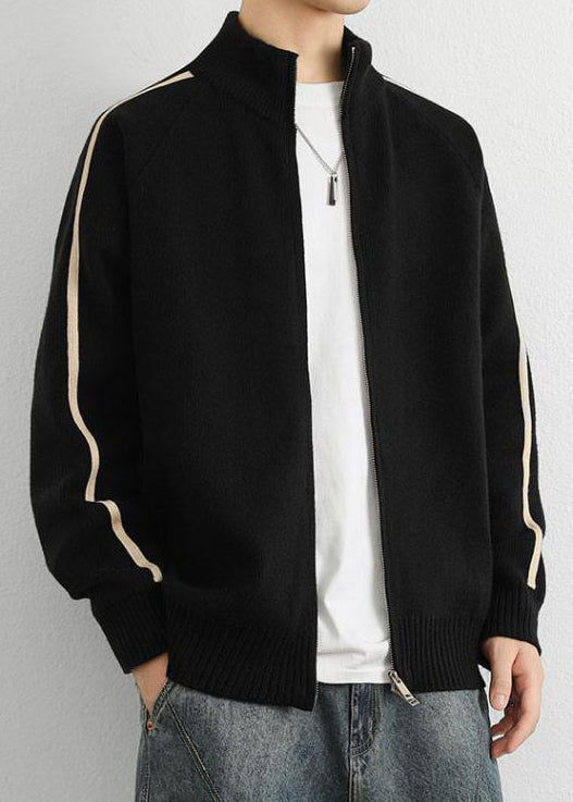Black Zip Up Cozy Knit Sweater Tops Stand Collar