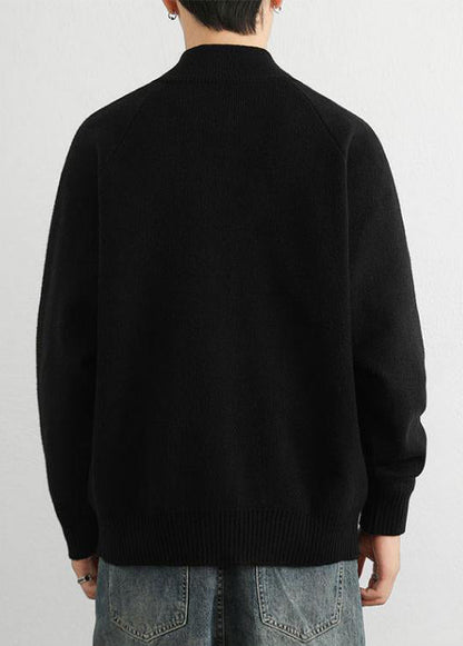 Black Zip Up Cozy Knit Sweater Tops Stand Collar