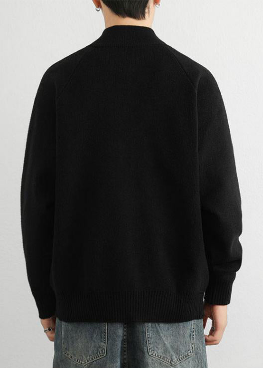 Black Zip Up Cozy Knit Sweater Tops Stand Collar