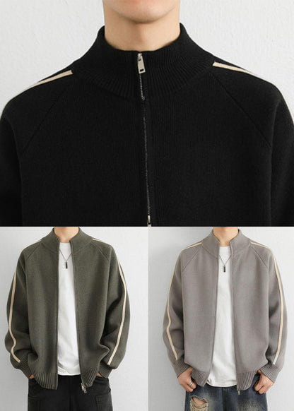 Black Zip Up Cozy Knit Sweater Tops Stand Collar