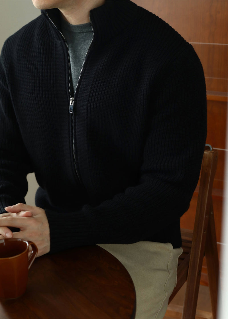 Black Zip Up Cozy Cotton Knit Coat Stand Collar