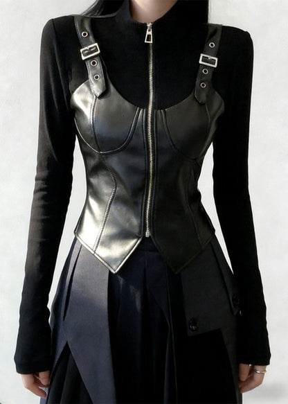 Black Zip Up Faux Leather Patchwork T Shirt Stand Collar Spring
