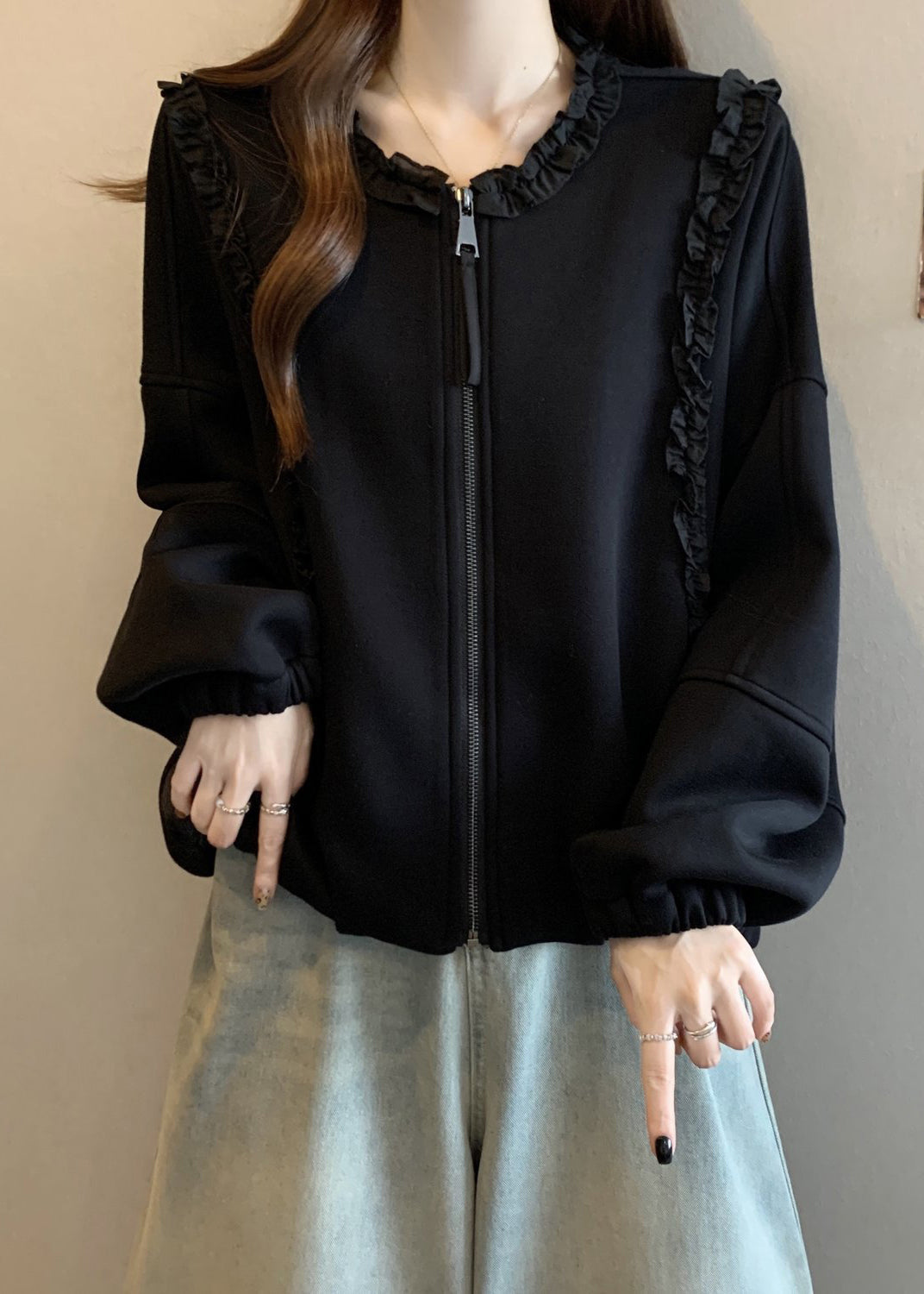 Black Zip Up Cotton Coats Ruffled Long Sleeve