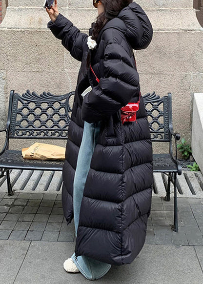Black Zippered Drawstring Oversized Duck Down Puffer Coat Hooded