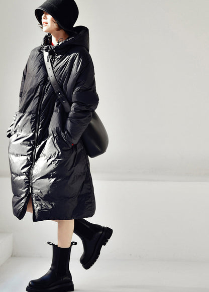 Black Zippered Long Hooded Velvet Blend Down Coat Winter