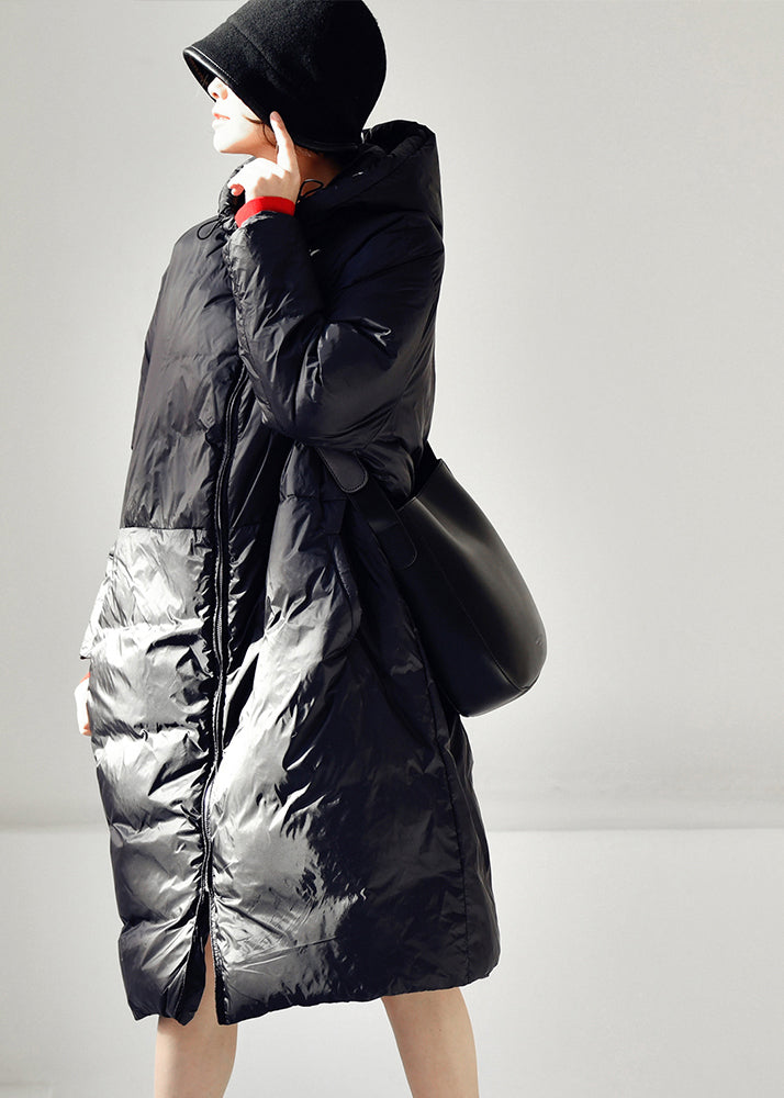 Black Zippered Long Hooded Velvet Blend Down Coat Winter
