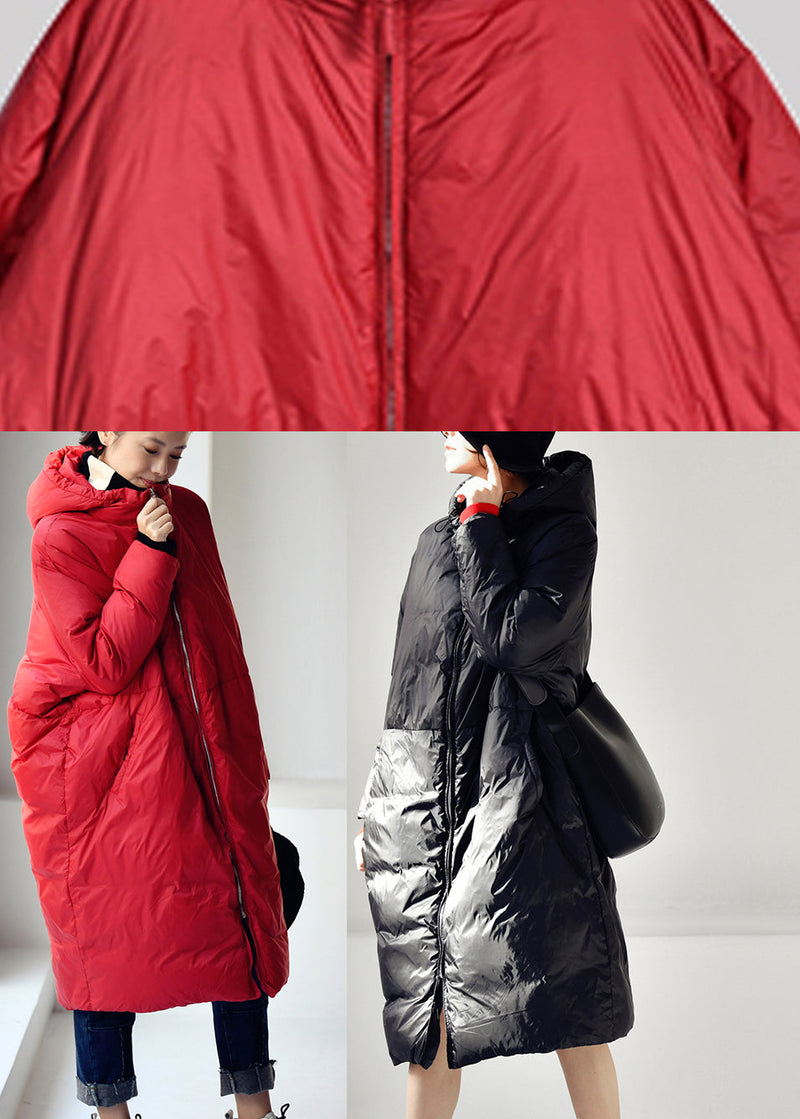 Black Zippered Long Hooded Velvet Blend Down Coat Winter
