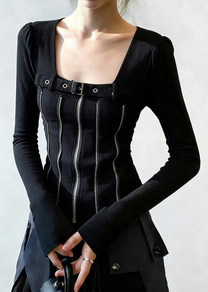 Black Zippered Patchwork Cotton T Shirt Square Collar Spring