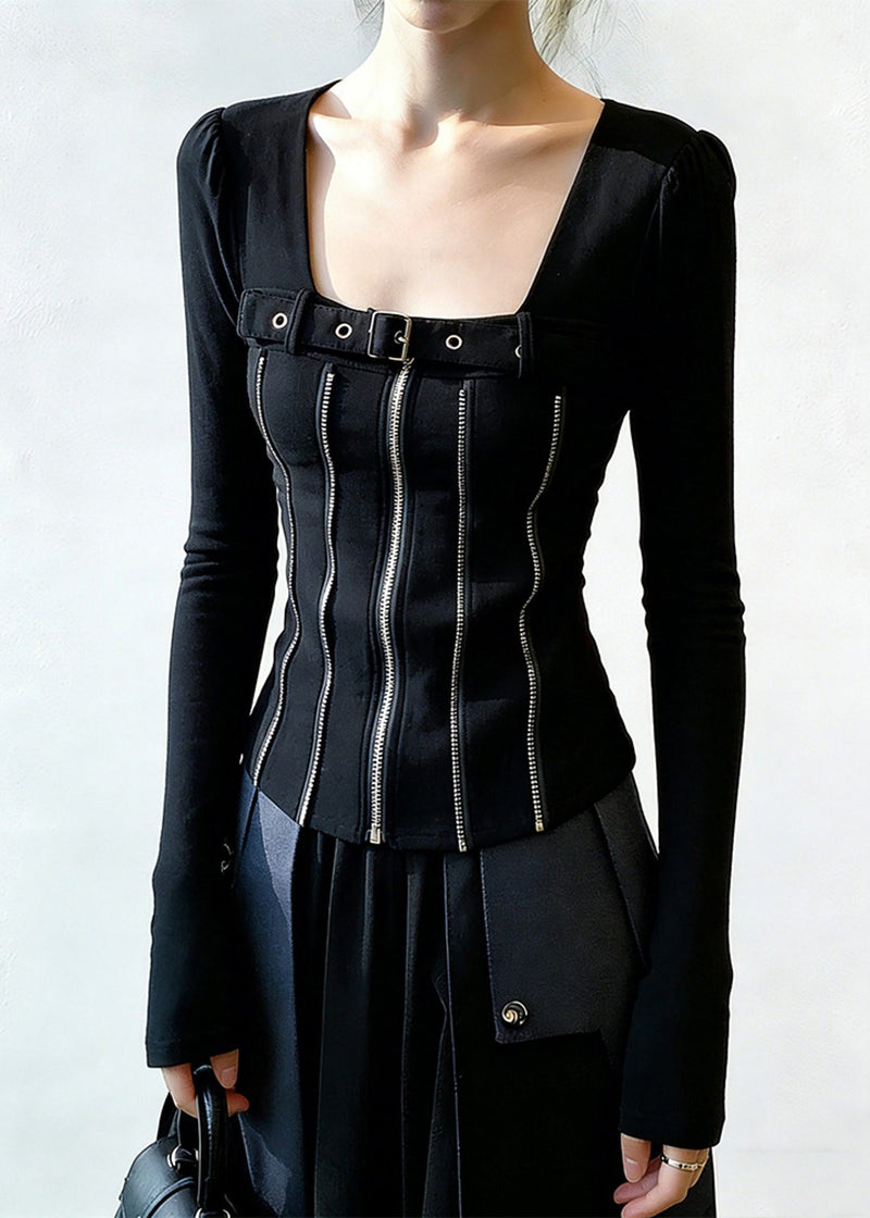 Black Zippered Patchwork Cotton T Shirt Square Collar Spring