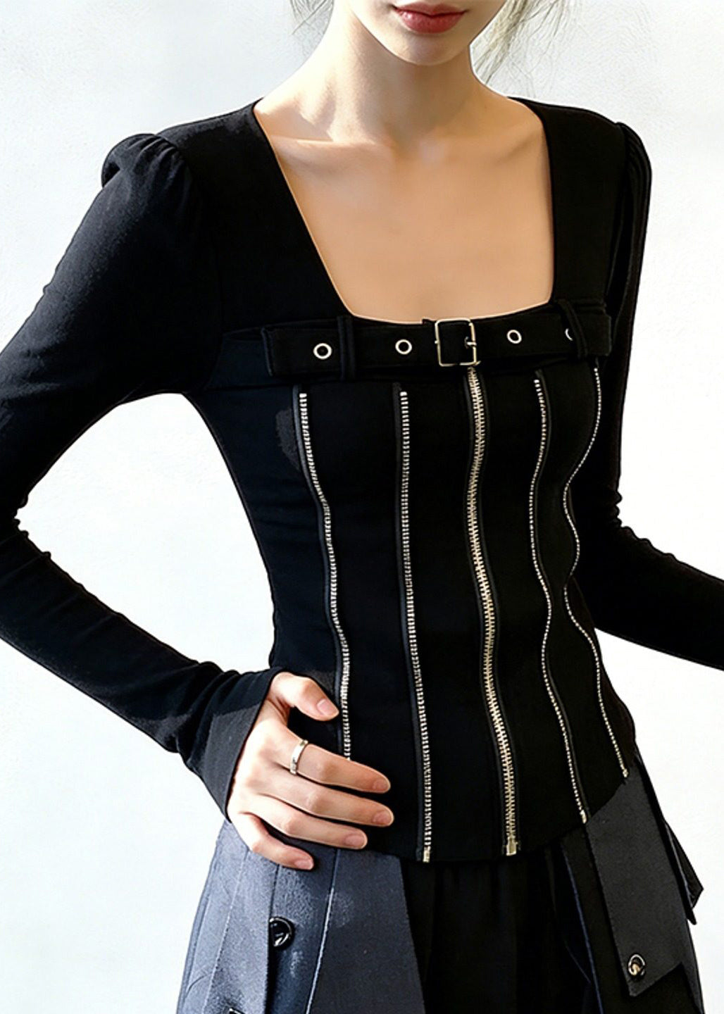 Black Zippered Patchwork Cotton T Shirt Square Collar Spring