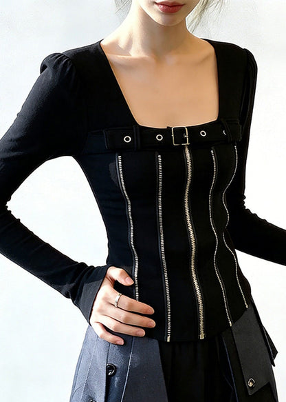 Black Zippered Patchwork Cotton T Shirt Square Collar Spring