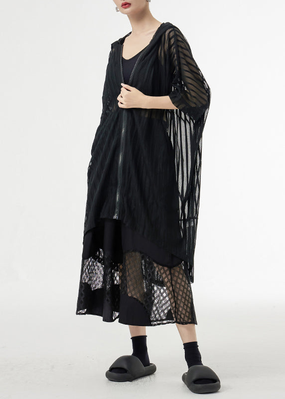 Black Zippered Pockets Patchwork Tulle Upf 50+ Coat Hooded Summer