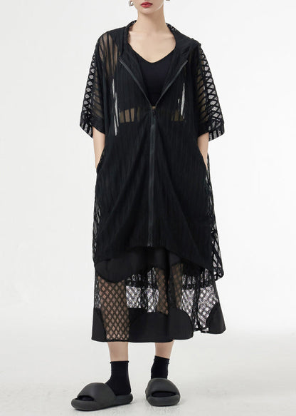 Black Zippered Pockets Patchwork Tulle Upf 50+ Coat Hooded Summer