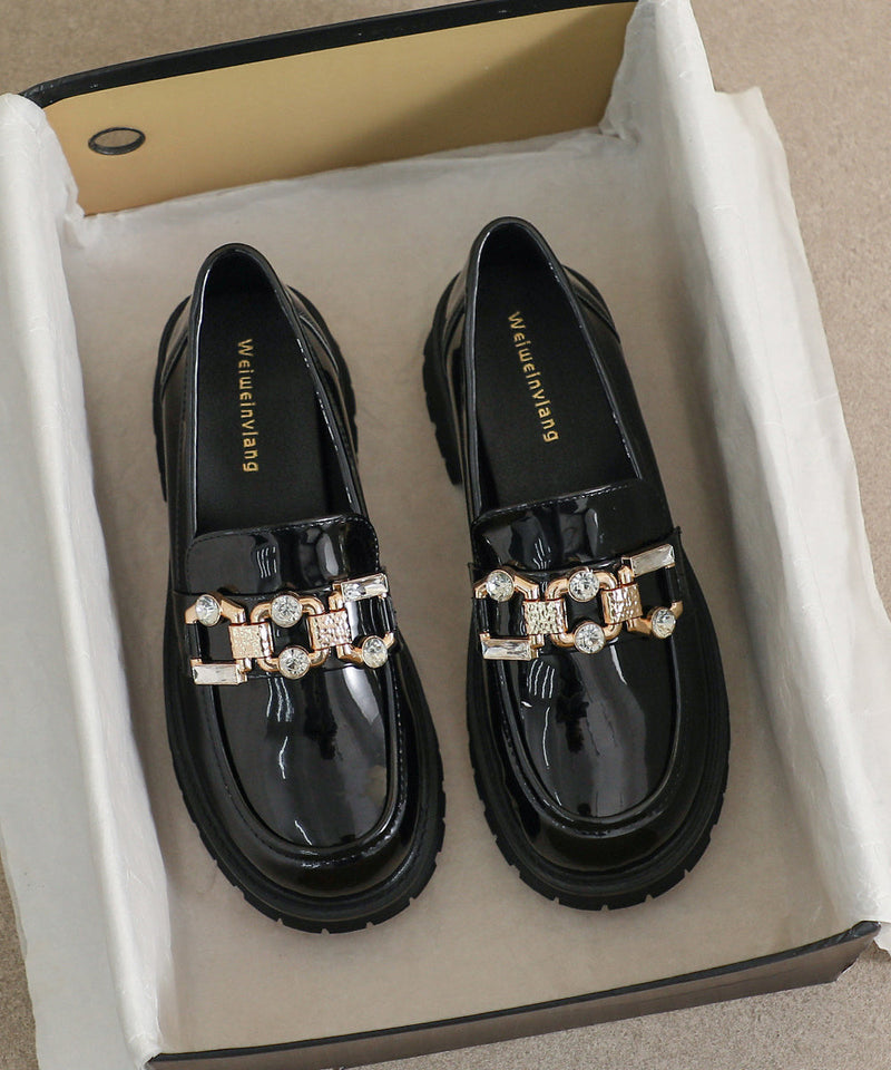 Black Zircon Platform Faux Leather Splicing Loafers