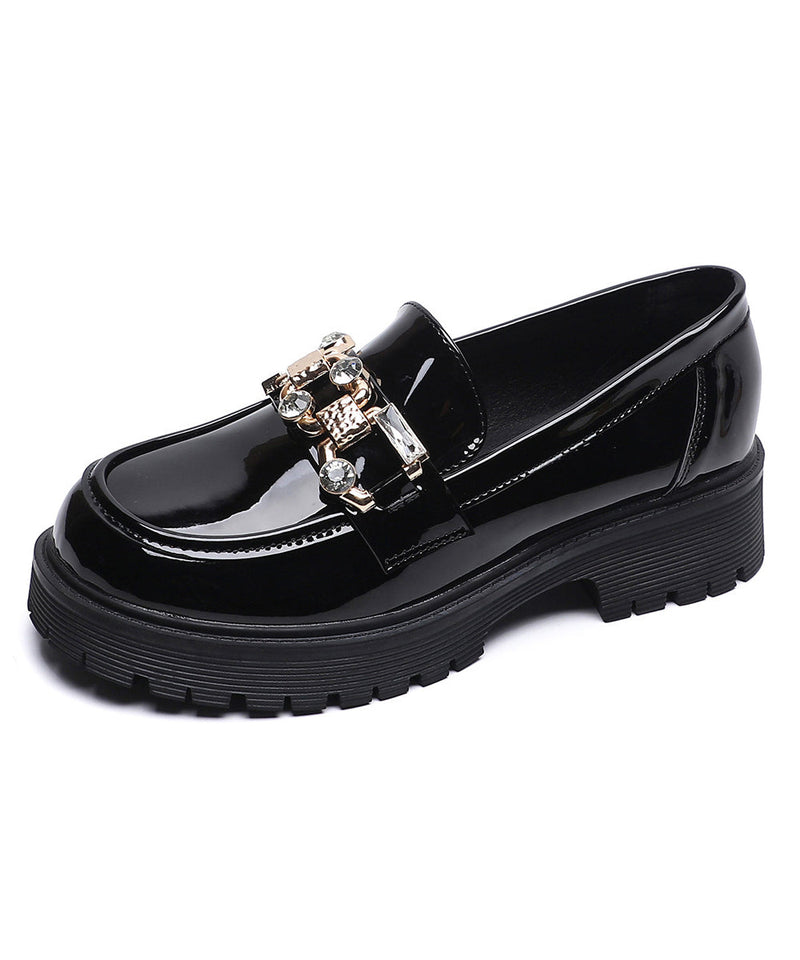 Black Zircon Platform Faux Leather Splicing Loafers