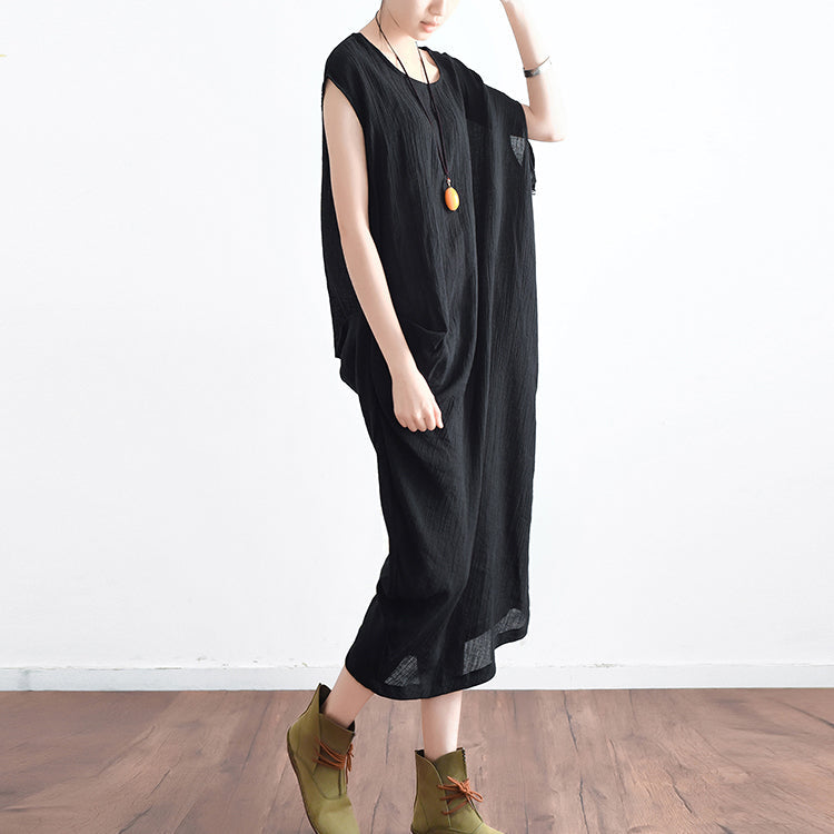 Black Asymmetrical Baggy Linen Summer Dresses Oversized Sleeveless Cotton