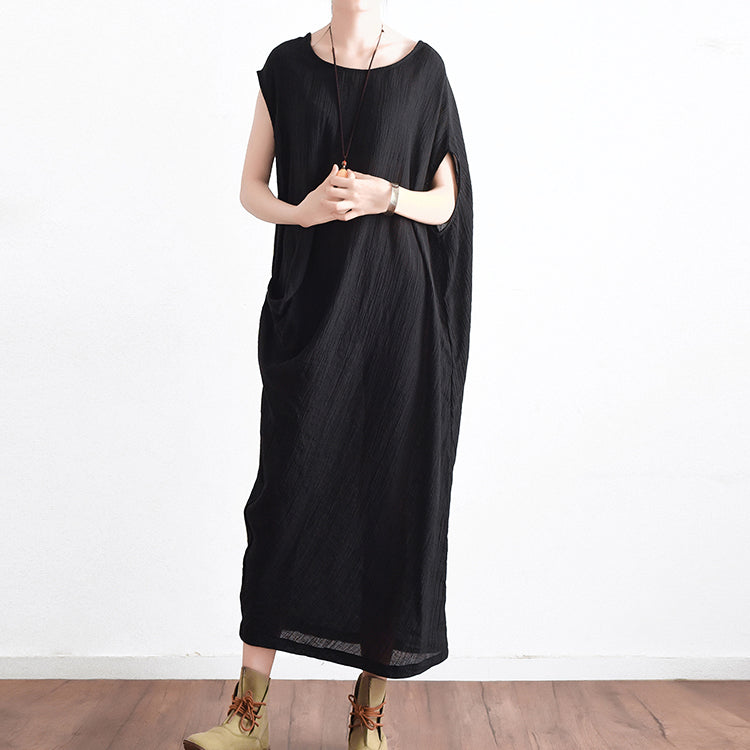 Black Asymmetrical Baggy Linen Summer Dresses Oversized Sleeveless Cotton