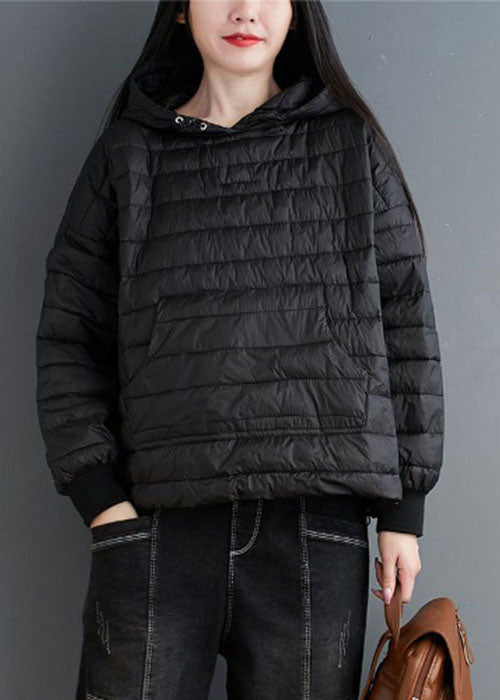 Black Drawstring Fine Cotton Filled Jackets Hooded Winter