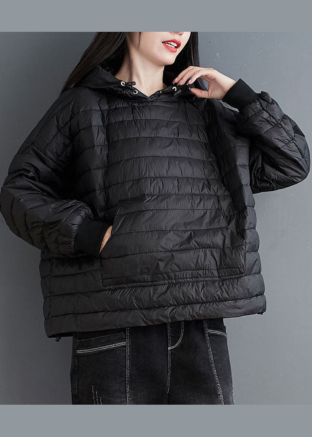 Black Drawstring Fine Cotton Filled Jackets Hooded Winter