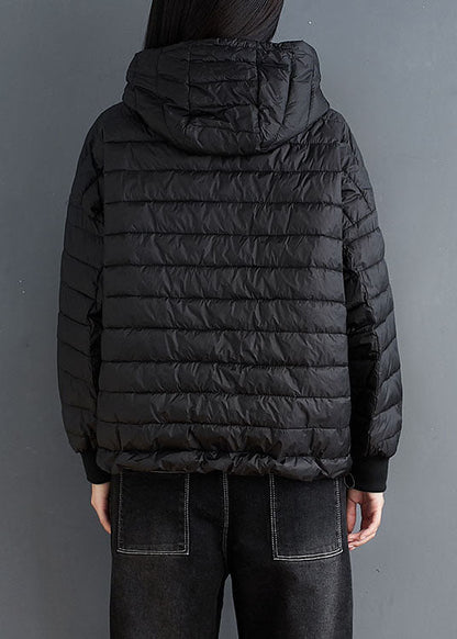 Black Drawstring Fine Cotton Filled Jackets Hooded Winter