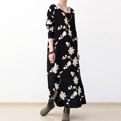 Black Embroidered Cotton Dresses Fall Caftans Long Cotton Maxi Dresses