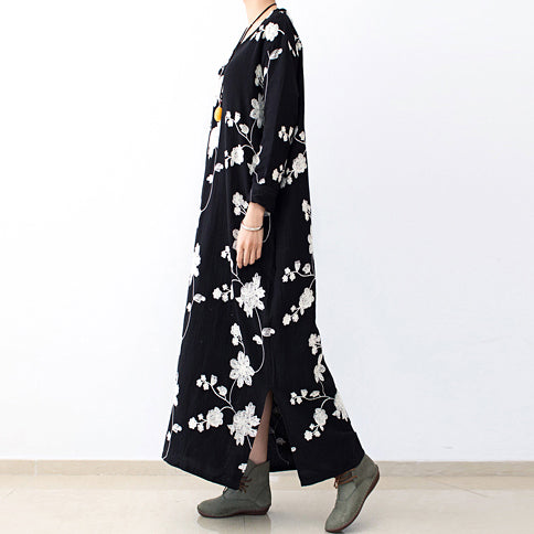 Black Embroidered Cotton Dresses Fall Caftans Long Cotton Maxi Dresses