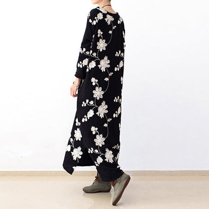 Black Embroidered Cotton Dresses Fall Caftans Long Cotton Maxi Dresses