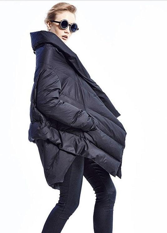 Black Cloak Asymmetrical Design Thick Winter Duck Down Coat
