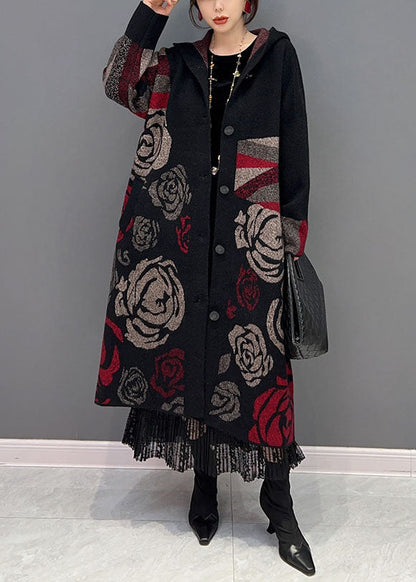 Black Hooded Rose Print Loose Knit Cardigans Spring