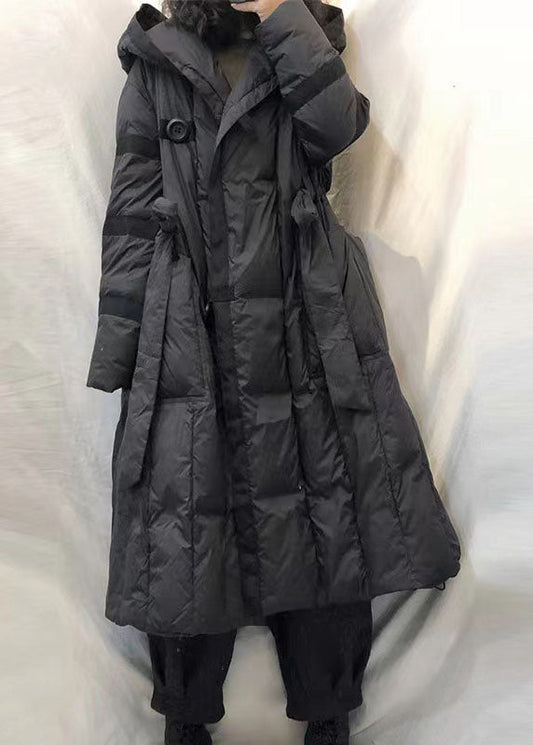 Black Hooded Tie Waist Winter Duck Down Coats