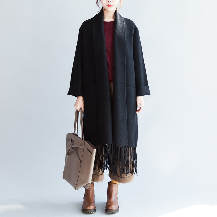 Black Long Cashmere Coats Oversized Long Woolen Jackets Tasseled Cardigans