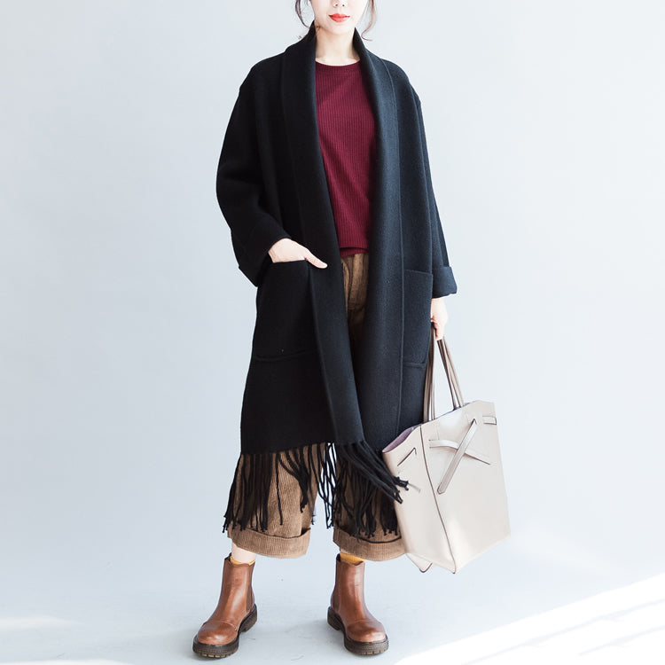 Black Long Cashmere Coats Oversized Long Woolen Jackets Tasseled Cardigans