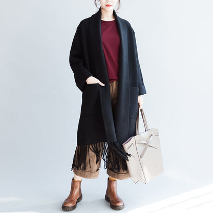 Black Long Cashmere Coats Oversized Long Woolen Jackets Tasseled Cardigans