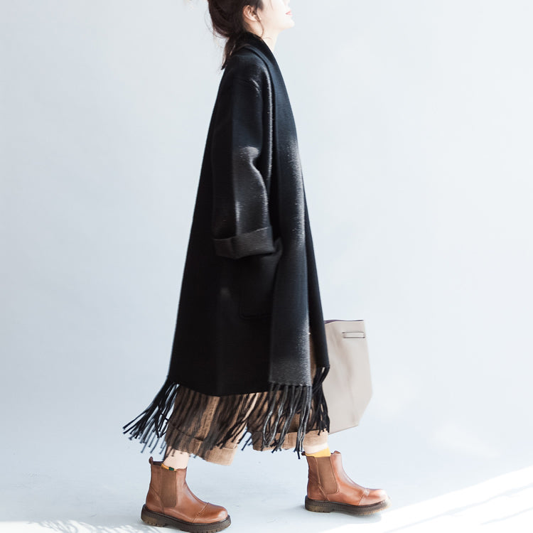 Black Long Cashmere Coats Oversized Long Woolen Jackets Tasseled Cardigans