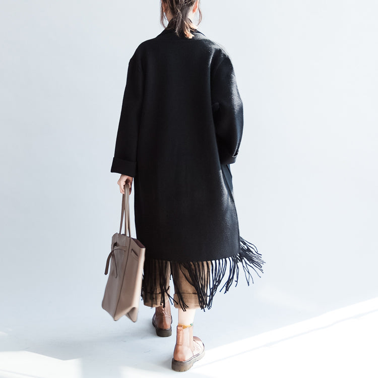 Black Long Cashmere Coats Oversized Long Woolen Jackets Tasseled Cardigans
