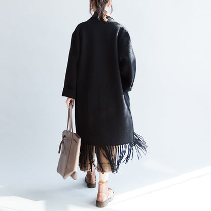Black Long Cashmere Coats Oversized Long Woolen Jackets Tasseled Cardigans