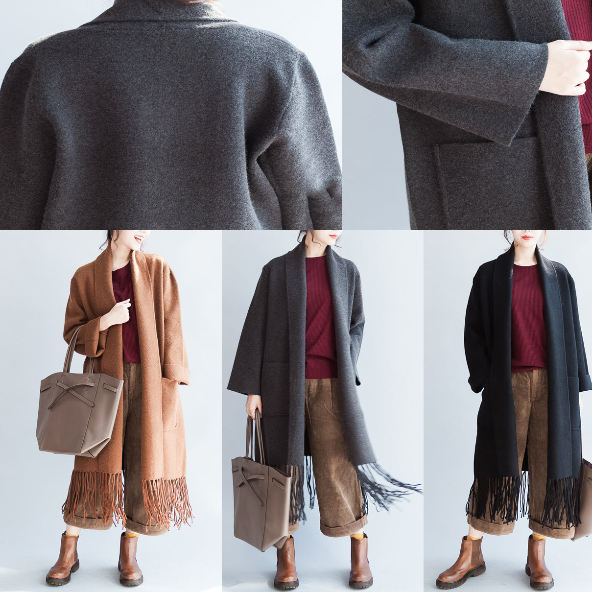 Black Long Cashmere Coats Oversized Long Woolen Jackets Tasseled Cardigans