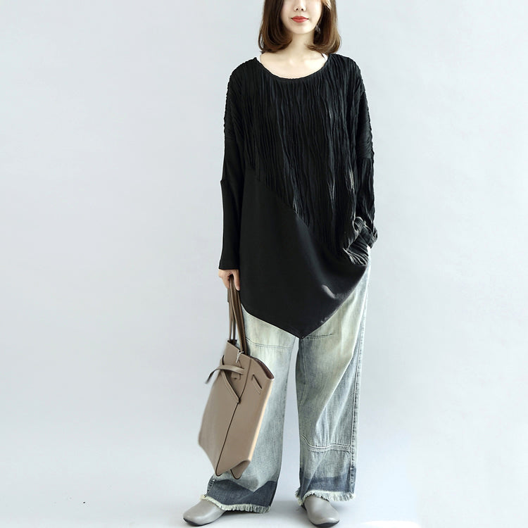 Black Patchwork Cotton Blouses Oversized Long Sleeve T Shirts Pullover