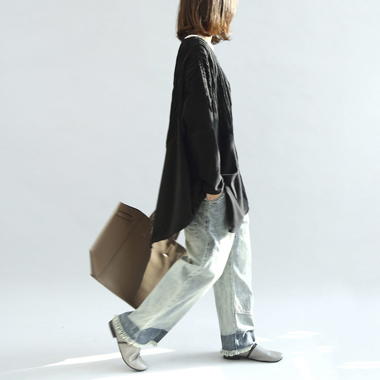 Black Patchwork Cotton Blouses Oversized Long Sleeve T Shirts Pullover