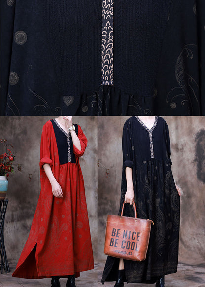Black Side Open Patchwork Velour Long Dresses Spring
