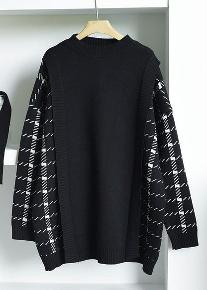 Black Thick Patchwork Knitwear Dress Winter