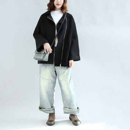 Black Woolen Cape Coats Oversized Zippered Short Jackets