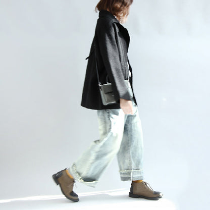 Black Woolen Cape Coats Oversized Zippered Short Jackets